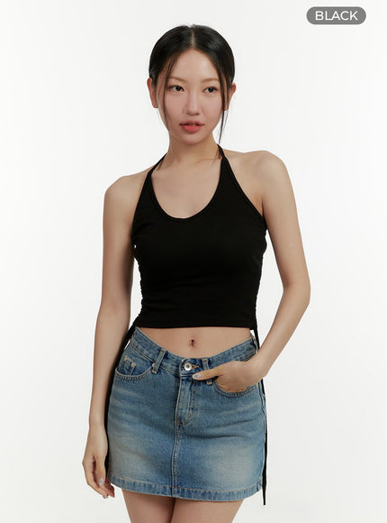 solid-halter-shirred-crop-top-cy409 / Black