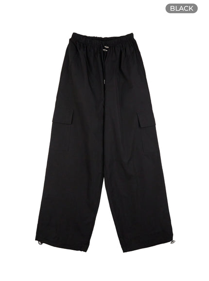 string-detail-wide-leg-cargo-pants-cs430 / Black