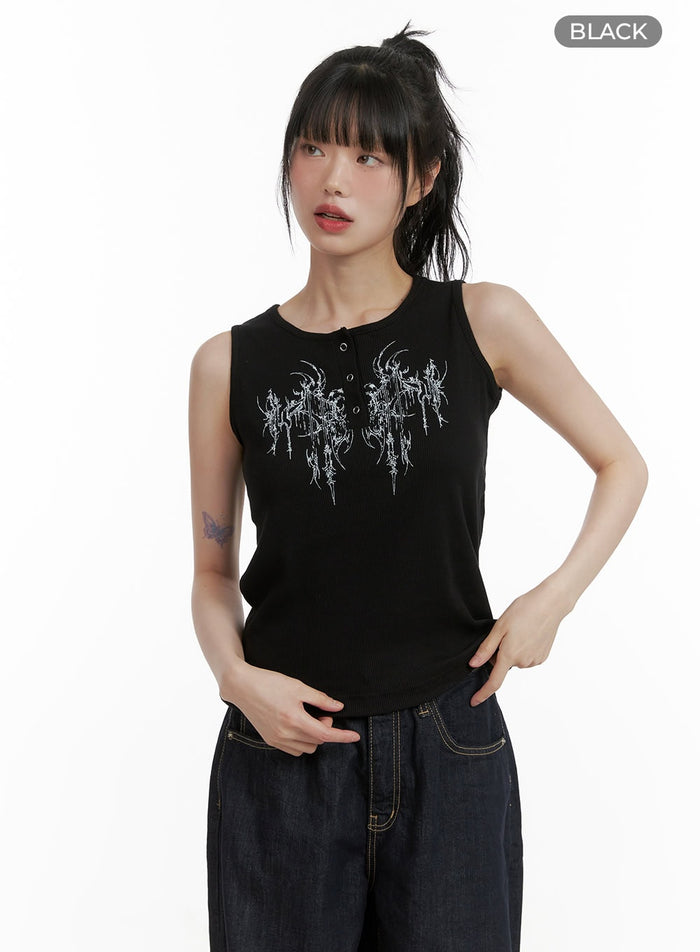 graphic-mid-buttoned-cotton-tank-top-cu410 / Black