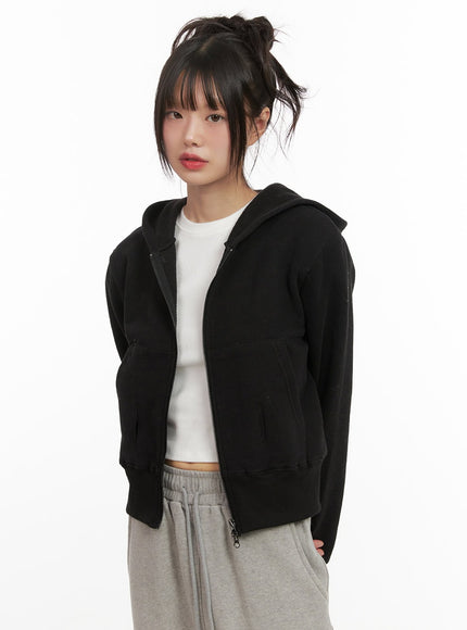 long-sleeve-zip-up-cropped-hoodie-cj506 / Black