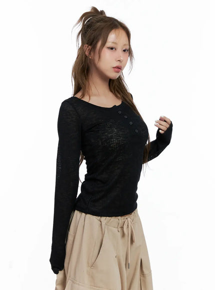 ribbed-sheer-long-sleeve-top-cl514 / Black