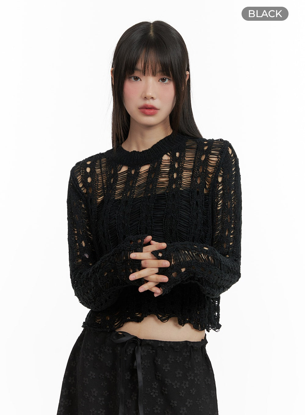hollow-out-see-through-cropped-sweater-ca412 / Black