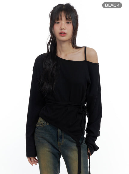 one-shoulder-unbalanced-strap-t-shirt-cs419 / Black