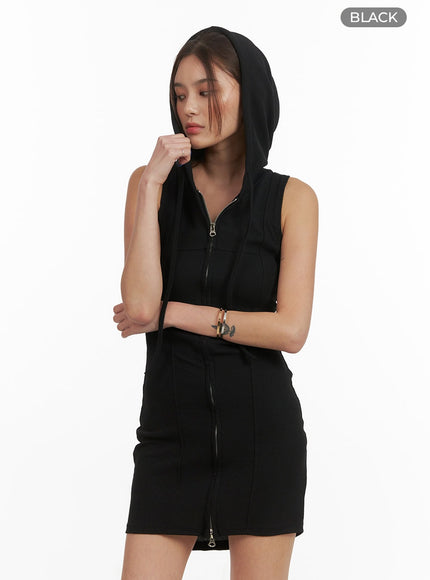 zip-up-hood-sleeveless-mini-dress-cy423 / Black