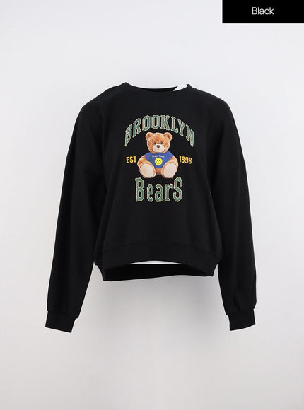 cute-bear-print-sweatshirt-io317 / Black