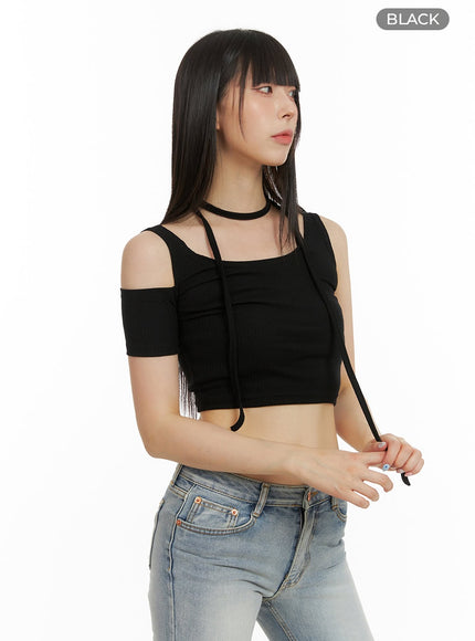 unbalanced-cut-out-crop-top-cu425 / Black