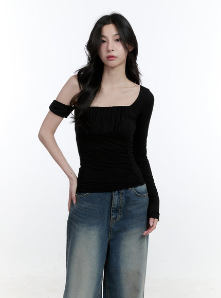 one-shoulder-asymmetric-shirred-top-cj520 / Black