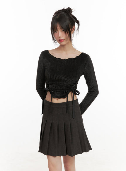 ribbon-boat-neck-long-sleeve-crop-top-cj501 / Black