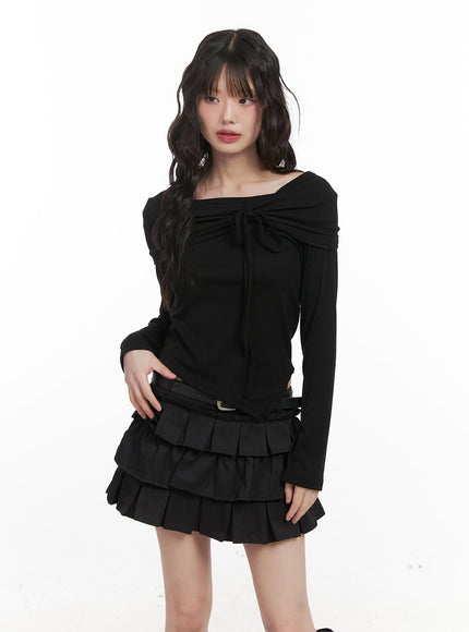 ribbon-wrapped-asymmetric-long-sleeve-top-cj523 / Black