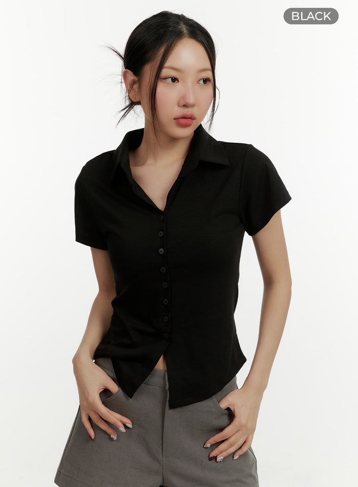 slim-fit-collar-buttoned-top-cy408 / Black