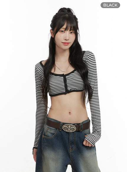 stripe-buttoned-u-neck-crop-top-cg420 / Black