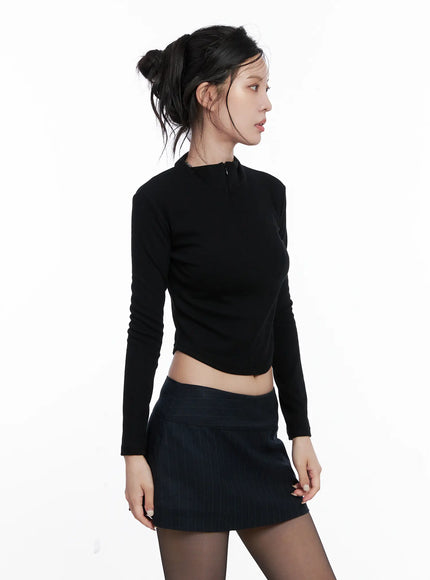 slim-crop-half-neck-zip-up-long-sleeve-tee-cs512 / Black