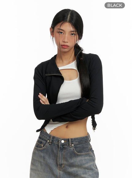 zip-up-long-sleeve-crop-top-ca424 / Black