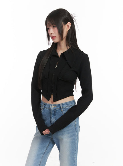 zip-up-collared-long-sleeve-crop-top-cj523 / Black