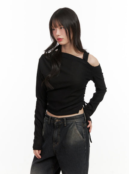 one-shoulder-long-sleeve-bliss-crop-top-cj501 / Black