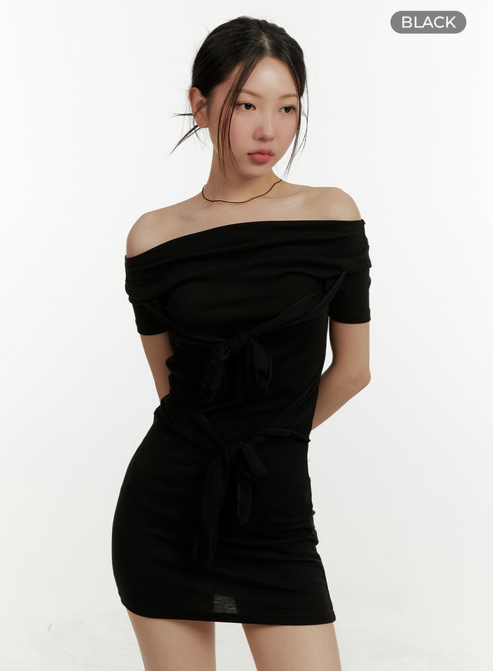 ribbon-knotted-off-shoulder-mini-dress-cy409 / Black