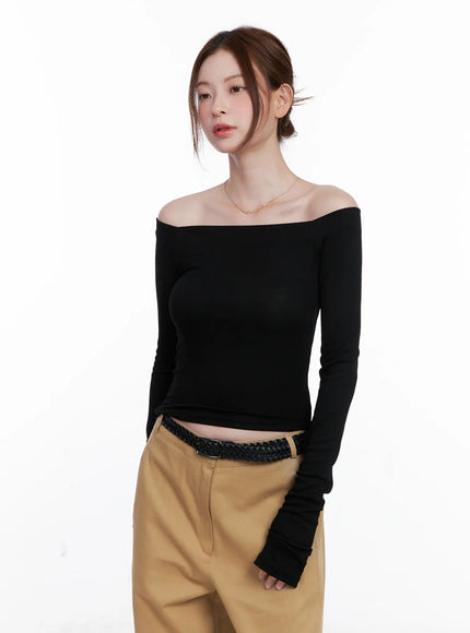 ribbed-off-shoulder-long-sleeve-top-cg520 / Black