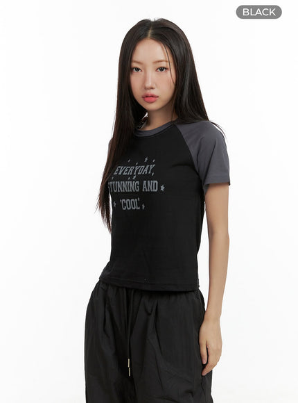 cotton-lettering-raglan-crop-top-cl418 / Black