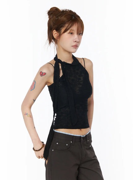 sheer-floral-halter-top-cy528 / Black