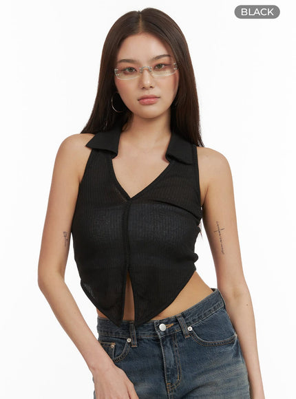 v-neck-collar-sleeveless-top-cy424 / Black