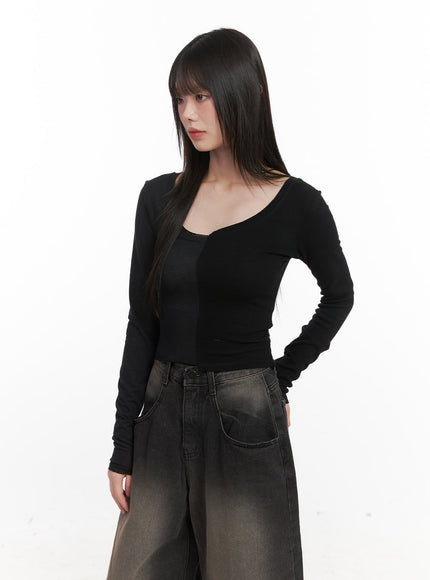 sheer-asymmetric-long-sleeve-top-cj528 / Black