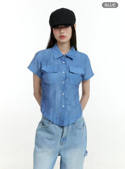 washed-buttoned-crop-shirt-cl426 / Blue