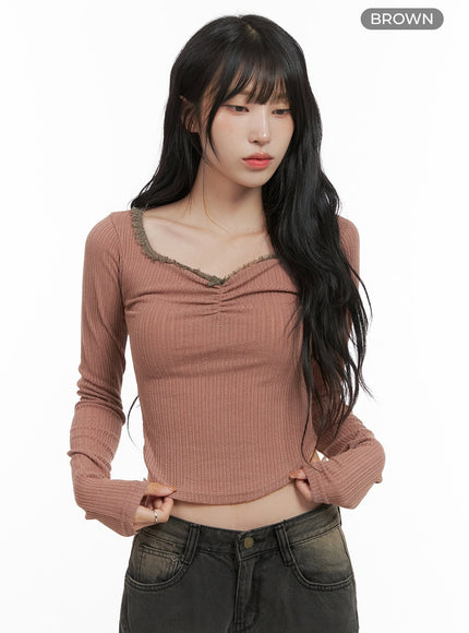 wide-neck-ribbed-lace-slim-crop-top-cg421 / Brown