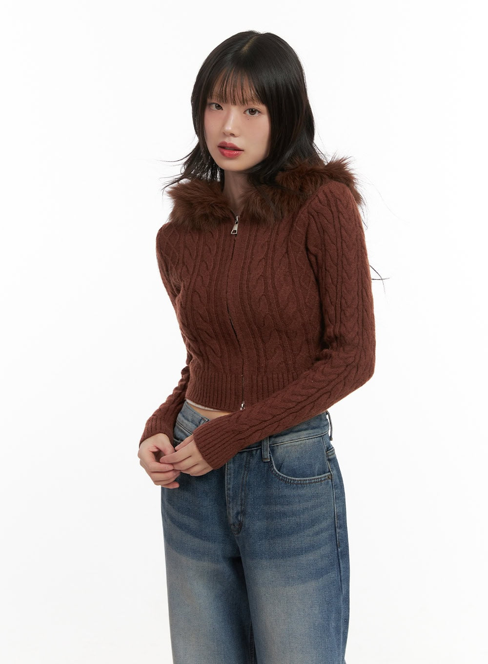 fur-hooded-zip-up-knit-crop-cardigan-cj502 / Brown