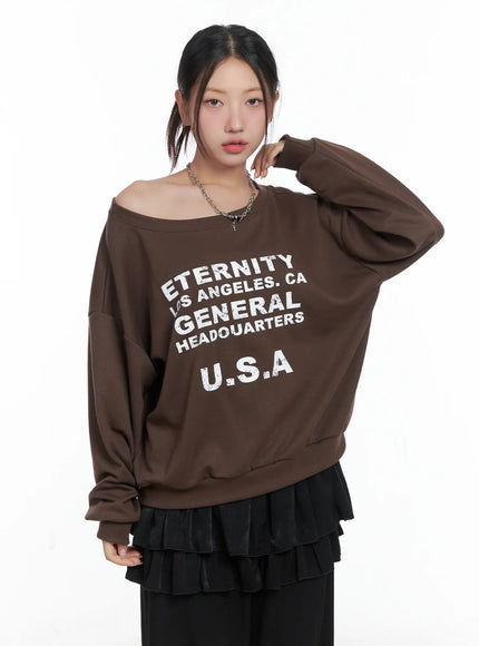 98-graphic-off-shoulder-sweatshirt-cs502 / Brown