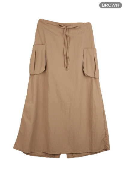 nylon-pocket-cargo-maxi-skirt-co410 / brown