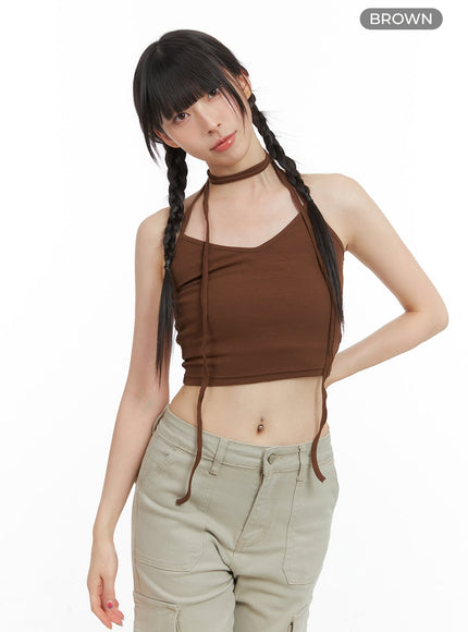 tie-neck-crop-sleeveless-top-cg408 / Brown