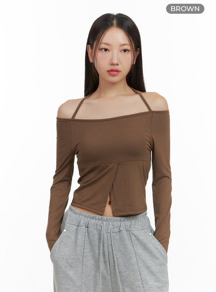 chic-slit-long-sleeve-top-cs405 / Brown