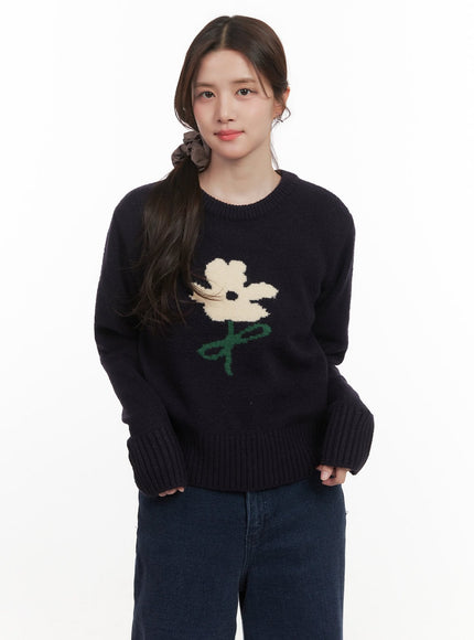 flower-graphic-knitted-sweater-cj515 / Dark blue