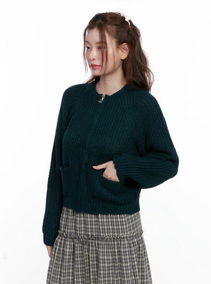waffle-knit-zip-up-cardigan-cg520 / Dark green