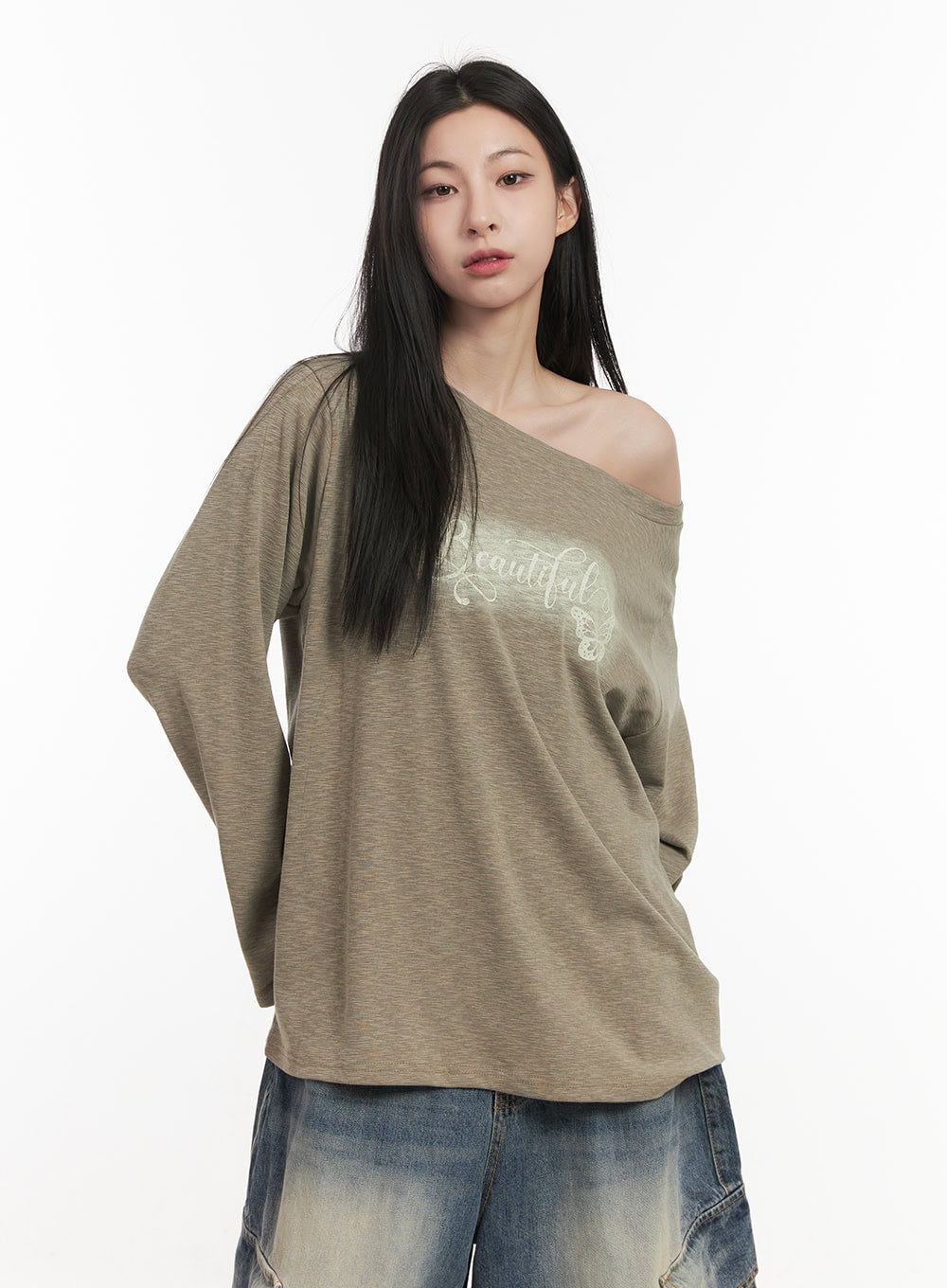 loose-fit-graphic-one-shoulder-top-cf514 / Dark green