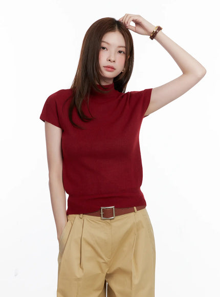 mock-neck-short-sleeve-knit-top-cg520 / Dark red