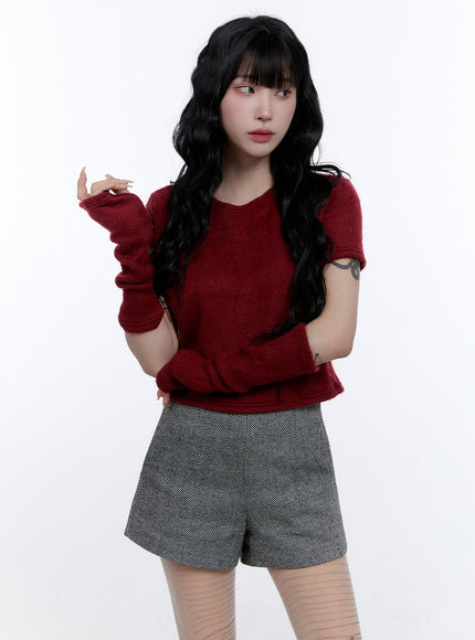 knitted-top-hand-warmer-set-cd416 / Dark red