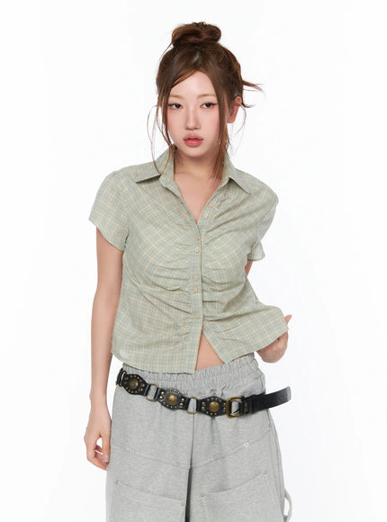 plaid-shirred-short-sleeve-shirt-ca515