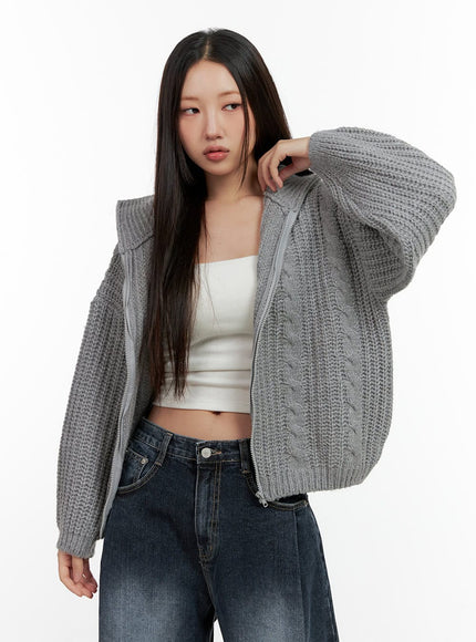 high-neck-cable-knit-zip-up-sweater-cn401 / Gray