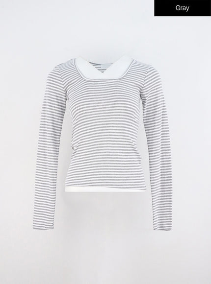 u-neck-stripe-long-sleeve-tee-oo319 / Gray