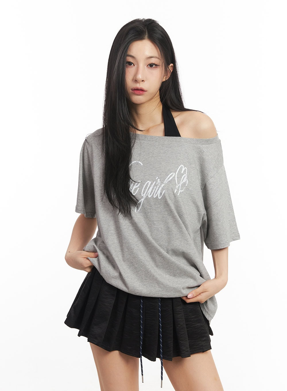 graphic-one-shoulder-oversize-t-shirt-ca503 / Gray