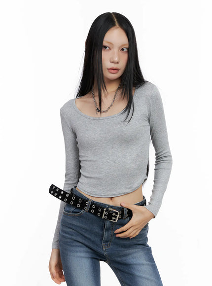 round-neck-ribbed-long-sleeve-crop-top-cs512 / Gray