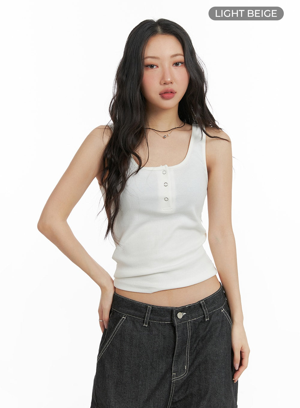 solid-rib-button-up-tank-crop-top-cm425 / Light beige