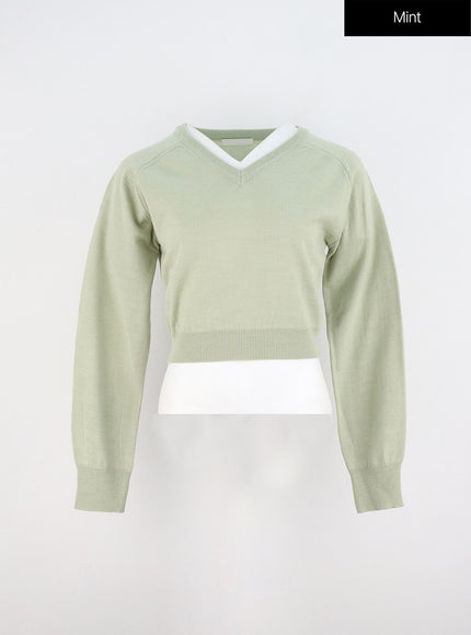 v-neck-layered-pullover-oo325 / Mint