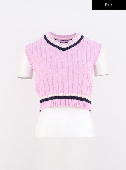 cable-v-neck-crop-vest-oo327 / Pink