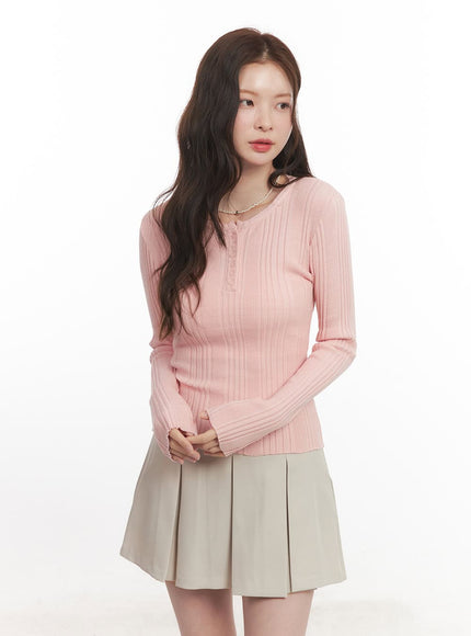 ribbed-slim-fit-round-neck-sweater-ca502 / Pink