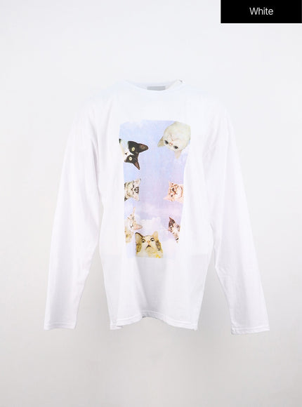 kitty-graphic-print-long-sleeve-top-io317 / White