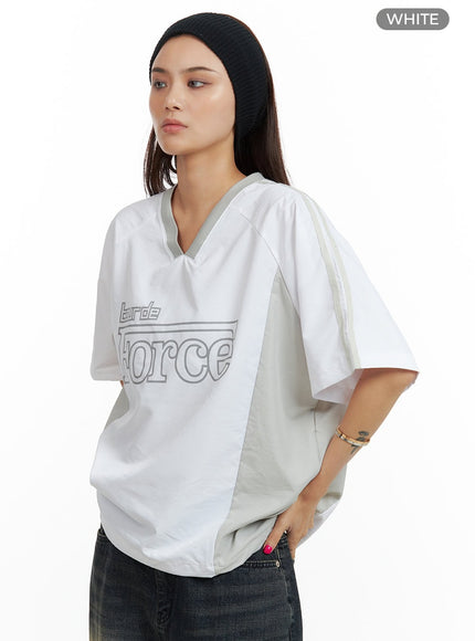 oversize-nylon-lettering-v-neck-top-cu417 / White