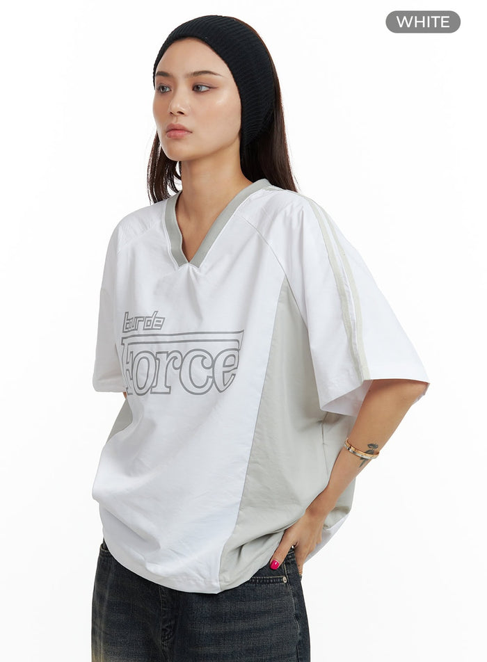 oversize-nylon-lettering-v-neck-top-cu417 / White
