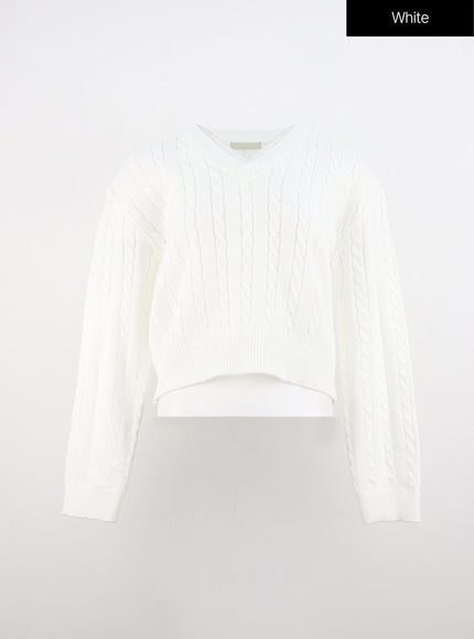 cable-knit-v-neck-sweater-oo316 / White